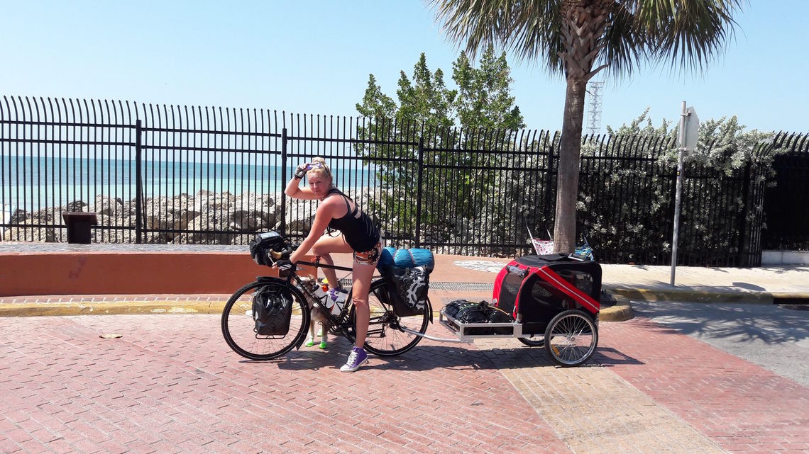 Stefanie Boewe towed a trailer and Murf, her Australian Shepherd (except when he ran alongside her) the length of the Greenway in the spring of 2017, from Key West to Calais, Maine, including the complementary routes.