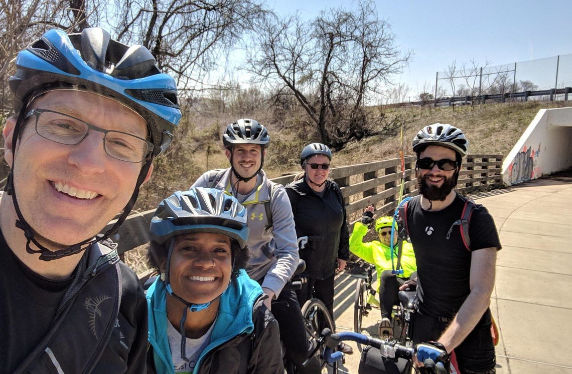 A group of cyclists rode a SEPTA train to Bucks County and biked back on the D&L Trail on Saturday. They were led by Nate Dorfman (right), trails coordinator at Pennsylvania Environmental Council, and included Devin Cowens (center), our summit and events specialist.